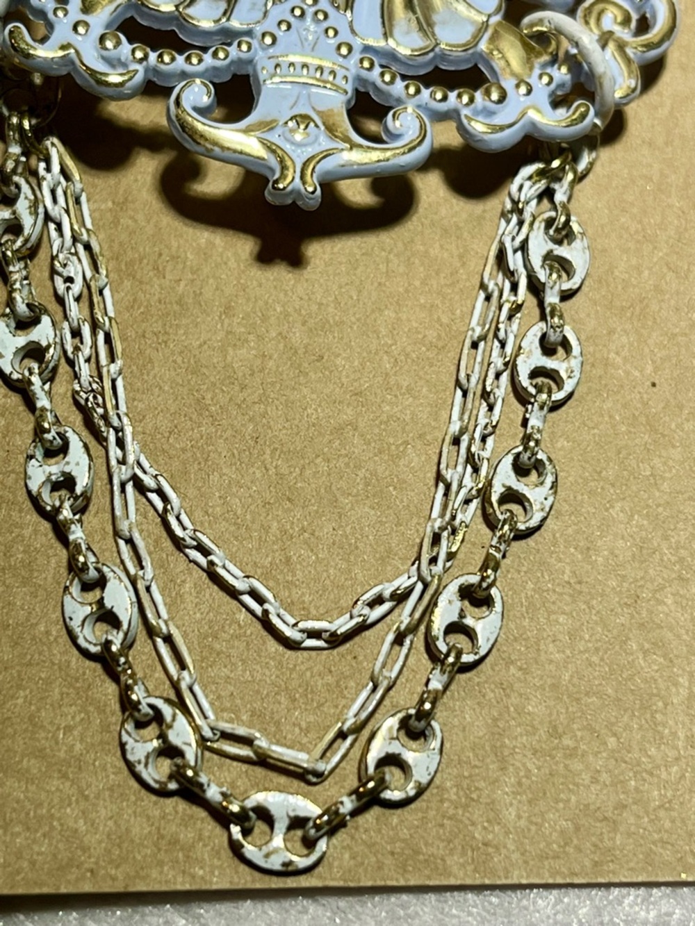 White Enamel & Gold Heraldic Crown Crest Chatelaine Brooch Triple Swag Chain - Picture 3 of 6